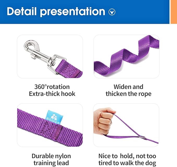 BAAPET 15/20/30/50/100 ft Long Dog Training Leash with Clickers for Small, Medium and Large Dogs or Cats (15 Feet, Purple)