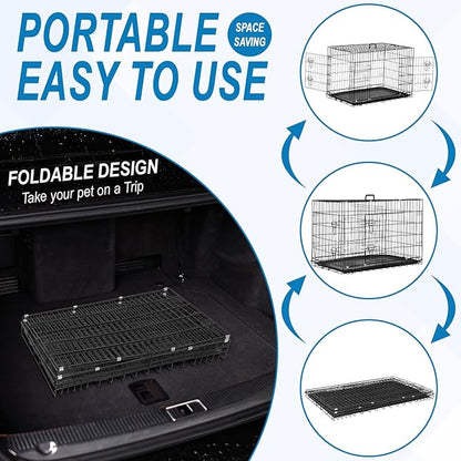 42 Inch Large Dog Crate Dog Kennel Pet Cage Metal Wire Crates Pet Cages Double-Door Folding Kennels with Handle Leak-Proof Pan Tray,Black