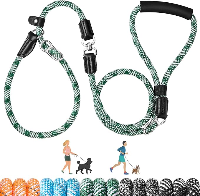 SlowTon Slip Lead for Dogs - Hands Free No Tangle Adjustable 4-6 FT 1/2” Rope, Heavy Duty Nylon Leash for Large Medium Dogs that Pull, No Pull Training Slip Leashes, 20-120lb, Green