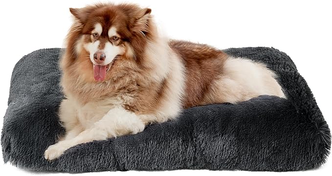 EHEYCIGA Fluffy Dog Crate Bed for Extra Large Dogs, Plush Faux Fur XLP Pad, Calming Anti Anxiety XL Plus Bed for Crate, Washable Soft Warm Dog Mat with Non-Slip Bottom, Dark Grey