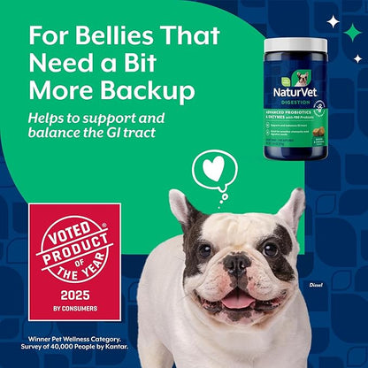 NaturVet Advanced Probiotics & Enzymes, PB6 Dog Soft Chews to Help Sensitive Stomachs and Digestive Issues, Hickory Smoked Bacon Flavored Pet Supplement for Dogs Over 6 Weeks, 240 Count Jar
