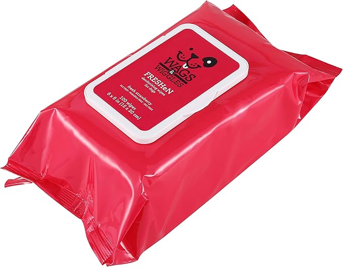 Wags & Wiggles Freshen Deodorizing Wipes for Dogs -Eliminate Odors from Your Dog's Coat -Fresh Strawberries | Easy and Convenient Way to Freshen Your Pet Without A Bath, FF12825, 100 Count (Pack of 2)
