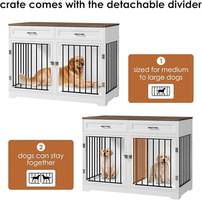 Dog Crate Furniture 47" Wooden Dog Kennels for Dogs Indoor with a Removable Divider for Large/Medium/Small Dogs, 2 Storage Drawers and Large Tabletop Dog Cages Double Doors Dog House, White