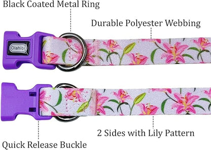 Dog Collar Leash Set, Floral Pattern, Polyester Material, Adjustable Collar and 5ft Matchcing Leash, for Small Dogs.(S, Purple Lily)
