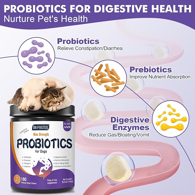 DRFOSTER Probiotics for Dogs, Freeze-Dried Dog Probiotics and Digestive Enzymes, Plus Omega-3 for Itchy Skin, Prebiotics for Digestive Health, Dog Vitamins and Supplements for Immune Health, 180 Bites