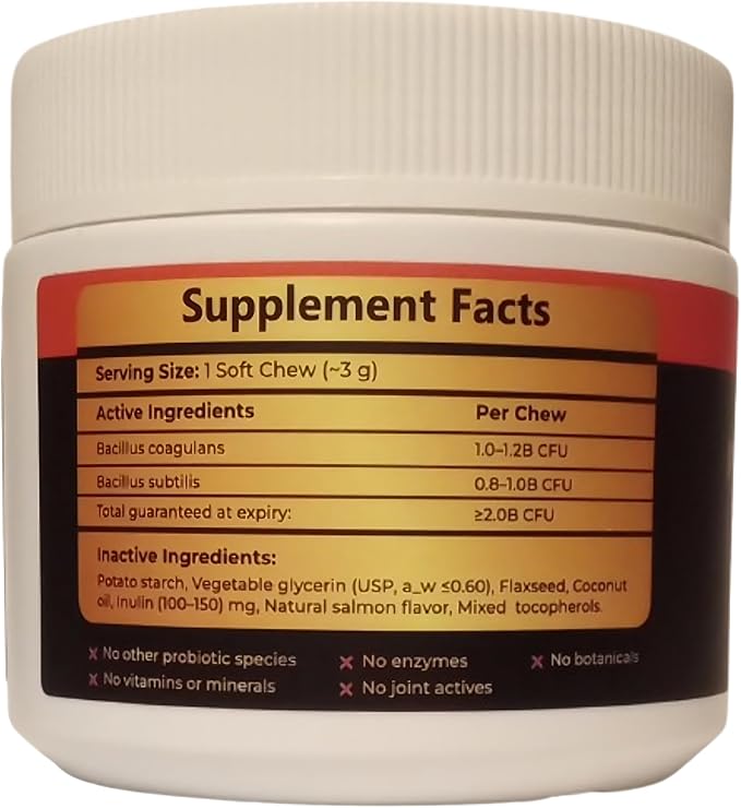 Dog Probiotic Chews for Digestive Support – 2 Billion CFU – Bacillus Coagulans & Subtilis – Supports Gut Health & Stool Quality – for Sensitive Stomachs – Salmon Flavor – 60 Soft Chews