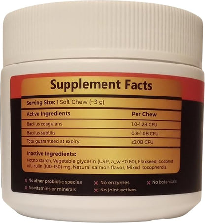 Dog Probiotic Chews for Digestive Support – 2 Billion CFU – Bacillus Coagulans & Subtilis – Supports Gut Health & Stool Quality – for Sensitive Stomachs – Salmon Flavor – 60 Soft Chews