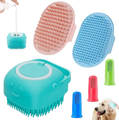 Comotech 3-in-1 Dog Grooming Brush | Adjustable Handle Shampoo Brush & Scrubber for Short & Long Haired Dogs & Cats (Blue Pink Blue)