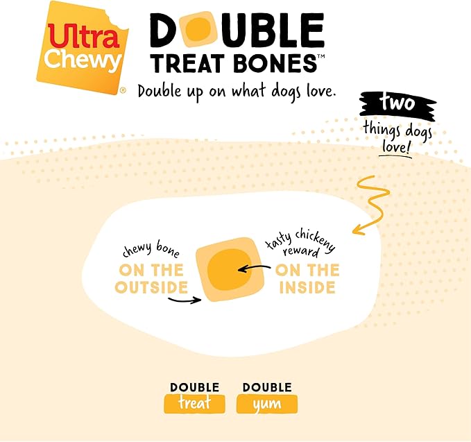 Ultra Chewy Double Treat Bones: Long-Lasting Dog Treats Made in USA for Large and Small Breeds, Highly Digestible, Ideal for Aggressive Chewers (Chicken, 2 Value Packs)