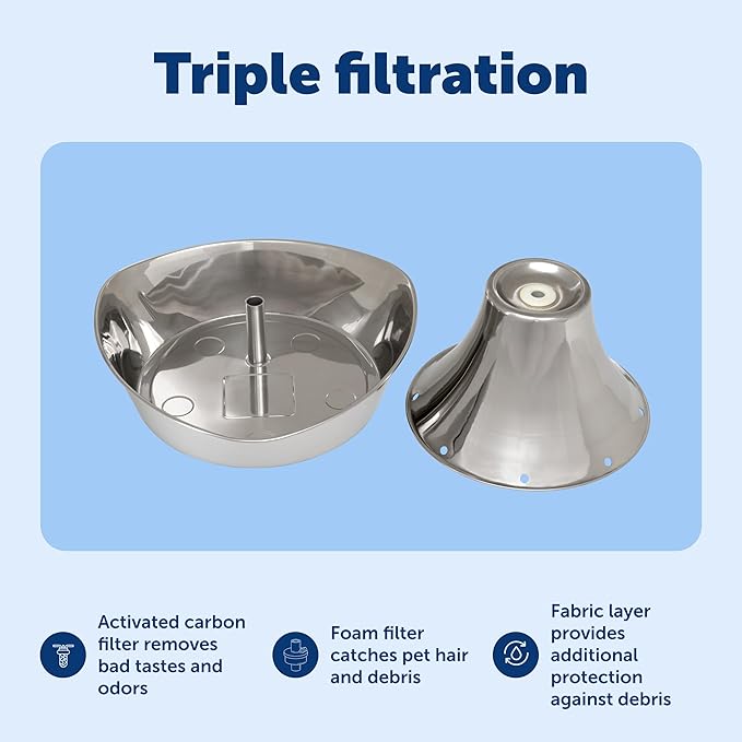 PetSafe Seaside Stainless Steel Cat & Dog Fountain, 60 Oz Water Capacity - 2 Water Filters & 1 Pump Included, Soothing Flow for Pets, Scratch-and Rust-Resistant Material - Quiet Motor