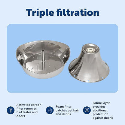 PetSafe Seaside Stainless Steel Cat & Dog Fountain, 60 Oz Water Capacity - 2 Water Filters & 1 Pump Included, Soothing Flow for Pets, Scratch-and Rust-Resistant Material - Quiet Motor