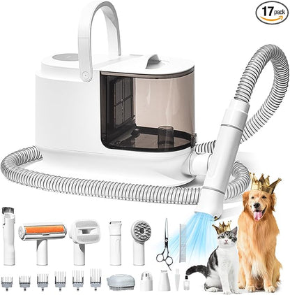 Bunfly Dog Grooming Kit & Dog Hair Vacuum, 3.5L Capacity Pet Grooming Vacuum with 13000kpa Strong Suction 99% Pet Hair,17 Tools Shedding Pet Hair, Home Cleaning -White