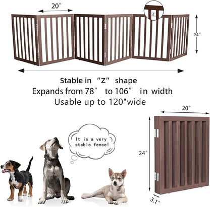 ZJSF Freestanding Indoor Dog Gate for House Foldable Wood Brown Puppy Gate for Doorways Pet Gate for Stairs Extra Wide Pet Fence 24" Height 6 Panels