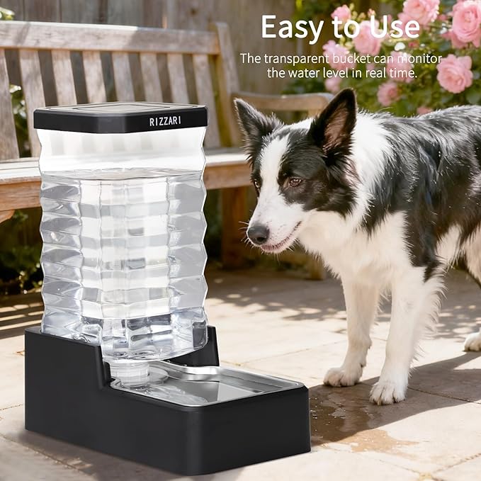 RIZZARI Stainless Steel Pet Water Dispenser: 10L Large Gravity Waterer - Splash-Resistant - Leak-Proof Auto Refill - Easy Clean - for Large Dogs - Living Room/Crate Area/Mudroom