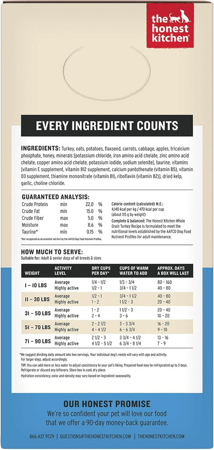 The Honest Kitchen Human Grade Wholemade™ Dehydrated Whole Grain Dog Food - Complete & Balanced Meal or Topper - Turkey 10 lb Box
