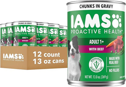 IAMS Proactive Health Wet Dog Food Adult, Canned Dog Food, Beef, Rice, Carrots & Green Beans Chunks in Gravy, 13 oz. Cans (Pack of 12)