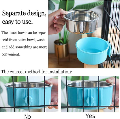 kathson Crate Dog Bowl, Removable Stainless Steel Hanging Pet Cage Bowl Food & Water Feeder Coop Cup for Cat, Puppy, Birds, Rats, Guinea Pigs (3 PCS, Size: M, Blue, Green, Pink)