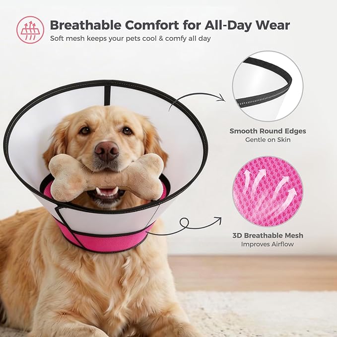Avont Dog Cone Collar After Surgery, Alternative Adjustable Elizabeth Cone for Medium Large Dogs, Comfy Breathable Pet Recovery Collar to Stop Licking -Pink(L)