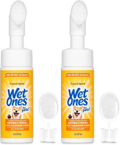 Wet Ones for Pets Antibacterial Dog Paw Cleaner with Built-in Brush, Foaming No-Rinse Formula for Cleaning Dirty Paws After Walks, Gentle Everyday Paw Wash for Dogs, 5 Oz - 2 Pack
