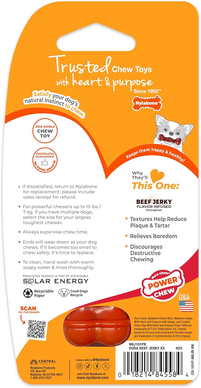 Nylabone Textured Bone Power Chew Toy for Dogs, Durable & Tough Dog Toys for Aggressive Chewers, Beef Jerky Flavor, X-Small Dogs - Up to 15 lbs, 1 Count