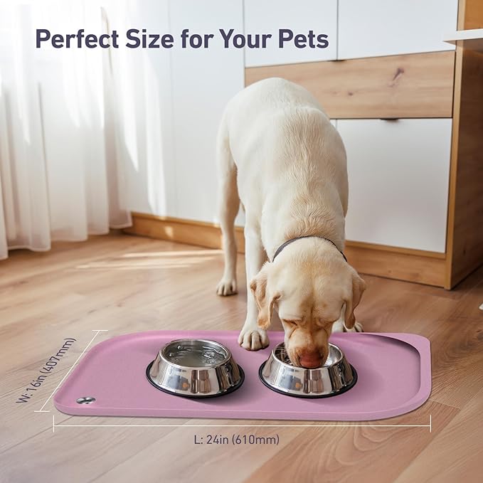 Silicone Pet Feeding Mat with Metal Ring, Waterproof, 23x15 in, Pet Feeding Mats, Raised Edges to Prevent Spills, Dogs and Cats Placement Tray to Stop Food and Water Bowl Messes (Pink, 23x15 in)