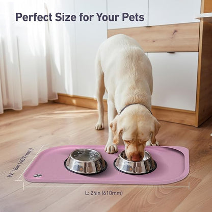 Silicone Pet Feeding Mat with Metal Ring, Waterproof, 23x15 in, Pet Feeding Mats, Raised Edges to Prevent Spills, Dogs and Cats Placement Tray to Stop Food and Water Bowl Messes (Pink, 23x15 in)