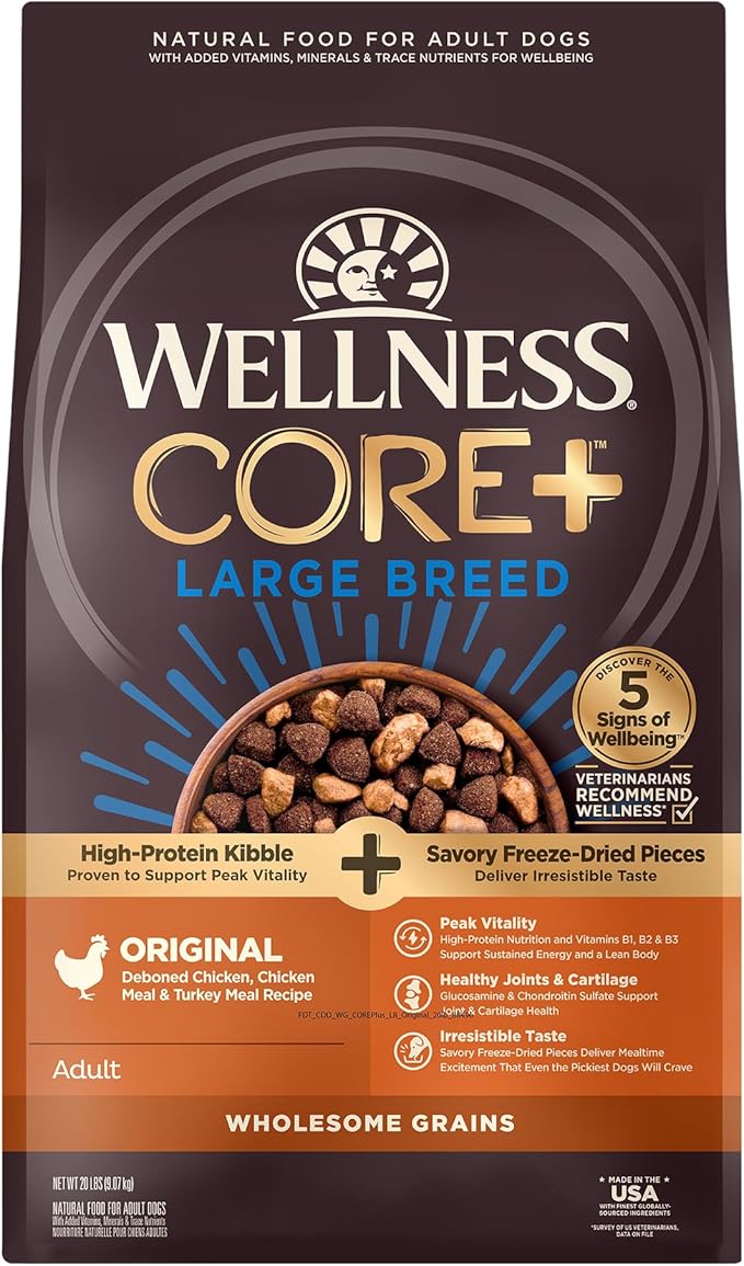 Wellness CORE+ Large Breed Adult Dry Dog Food with Freeze Dried Pieces, Wholesome Grain Kibble+, Natural, High Protein, Chicken and Turkey Recipe, 20 lb Bag