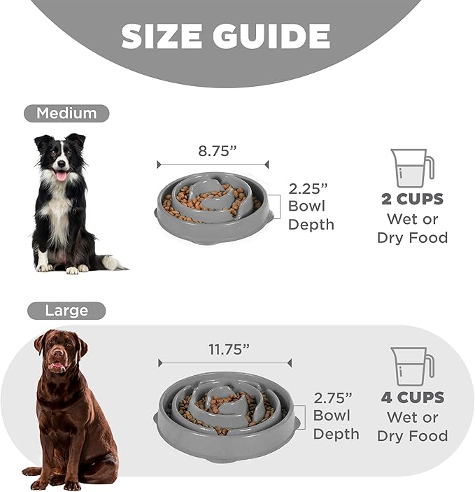 Outward Hound Fun Feeder Slo Bowl – Large 4‑Cup Capacity, Slow Feeding, Medium to Large Dogs, Non‑Slip, Gray, Drop Pattern