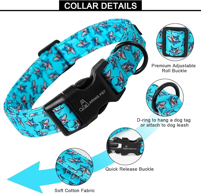 ARING PET Summer Dog Collar, Cute Blue Shark Pet Collars with Quick Release Buckle for Puppy Small Medium Large Boy Girl Dogs-S