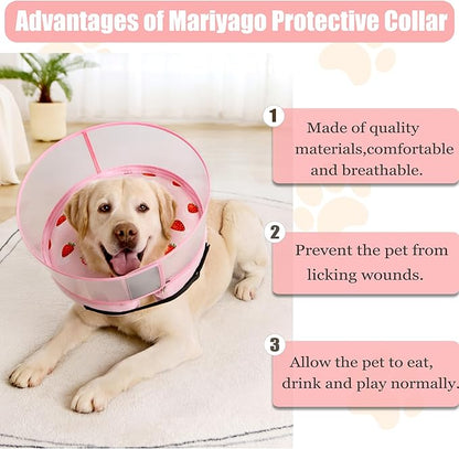 Inflatable Dog Cone Collar for Large Medium Small Dogs, Soft Dog Donut Collar Adjustable Recovery Cone for Pets After Surgery, Extra Enhanced Anti-Licking Guard Shield (Strawberry Print, Medium)