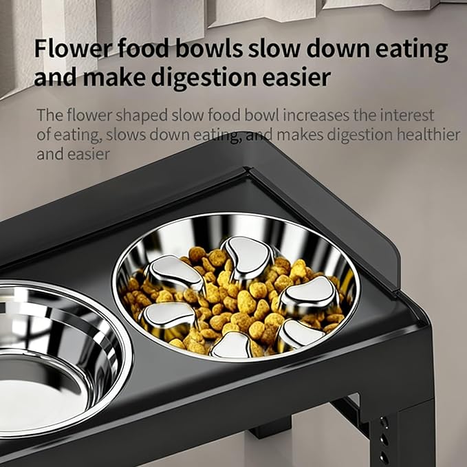 PAKEWAY Elevated Dog Bowls, Spill Proof, Tiltable Pet Feeder with 1 Stainless Steel Bowl &1 Stainless Steel Slow Feeder Bowl, 6 Height Adjustable Raised Bowls Stand for Medium Large Dogs