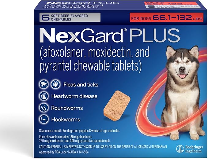 NexGard Plus (afoxolaner, moxidectin, and pyrantel) Flea and Tick Protection & Heartworm Preventive for Dogs Soft Beef Flavored Chewables, 66.1-132 lbs. (Red) 6 Chews (6 Month Supply)