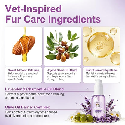 Pet Coat Care Oil, Lavender & Chamomile Extract | Smoothing Detangler with Easy Glide Grooming; Stress-Free Elixir for Sensitive Pets, Anti-Frizz Botanicals, Lick-Safe, Dogs Cats, 1.69 fl. oz