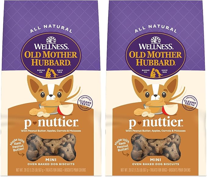 Old Mother Hubbard Wellness P-Nuttier Dog Biscuits, Natural, Training Treats, Peanut Butter Flavor, Mini Size, (20 Ounce Bag)(Pack of 2)