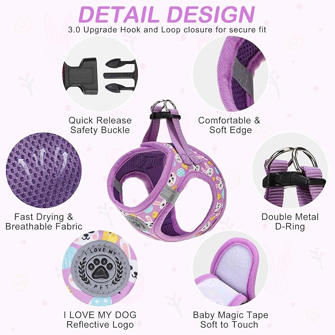 BEAUTYZOO Easter Dog Harness and Leash Set,Step in No Choke No Pull Soft Mesh Dog Harnesses Reflective for XSmall/Small Puppy Dogs Cats, Cute Coloful Egg Dog Vest for Outdoor Walking,Purple XS
