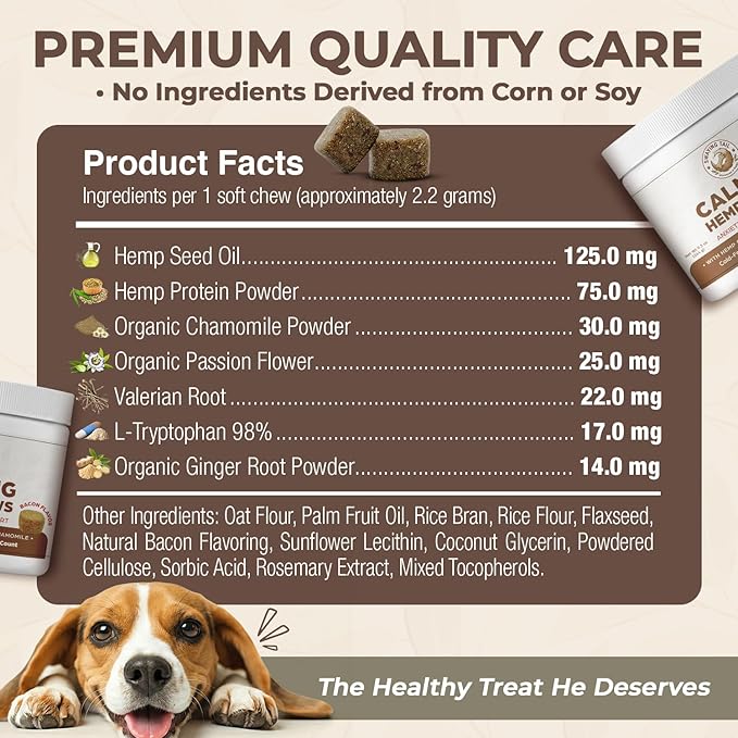 Bacon Calming Bites for Dogs - Separation Anxiety Relief & Stress Support - Hemp Calming Treats for Dogs - No Melatonin - 120 Bacon Flavor Soft Chews
