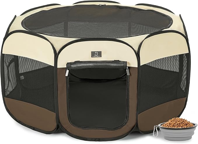 Dog Playpen for Small Dogs & Puppies, 40.55" Portable Indoor Outdoor Puppy Playpen with Bowl, Waterproof Floor, Foldable Pop-Up Pet Pen for Home, Travel & Daily Use, Brown+Beige