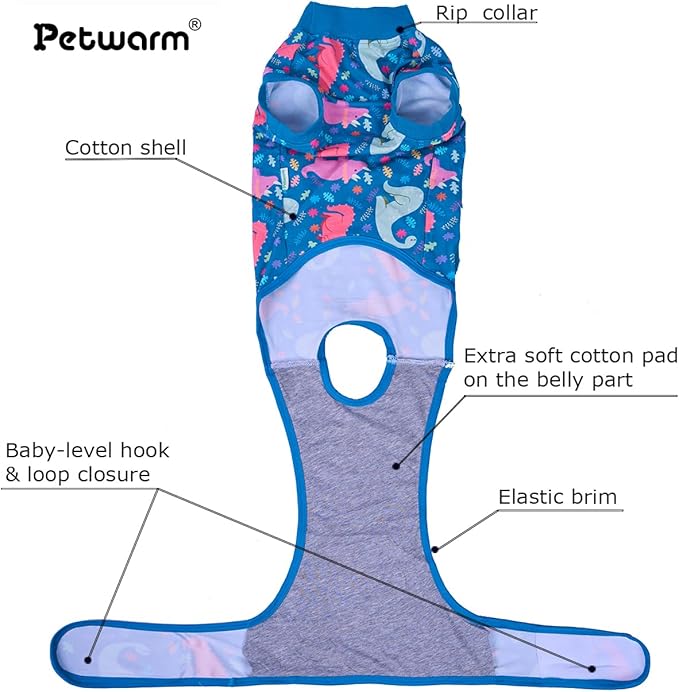 PetWarm Dog Recovery Suit After Surgery, Dog Bodysuit, Substitute E-Collar and Cone, Pet Surgery Recovery Suit, Female Male Dog Onesie for Spay Neuter, Dinosaur Pattern, Multi-Colored, 2XL