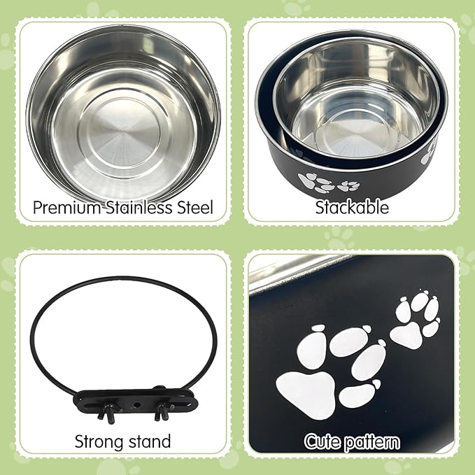 Kathson 2 Pack Dog Kennel Stainless Steel Crate Bowl, No Spill, Hanging Metal Pet Food Bowl Feeder for Cats Small Medium Dogs (Black)