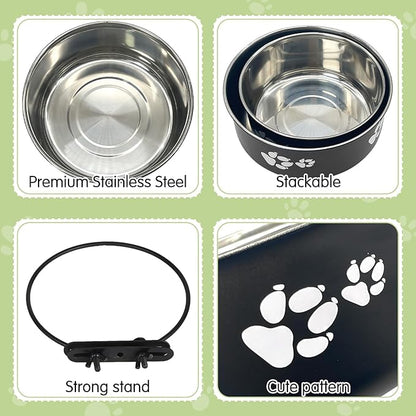 Kathson 2 Pack Dog Kennel Stainless Steel Crate Bowl, No Spill, Hanging Metal Pet Food Bowl Feeder for Cats Small Medium Dogs (Black)