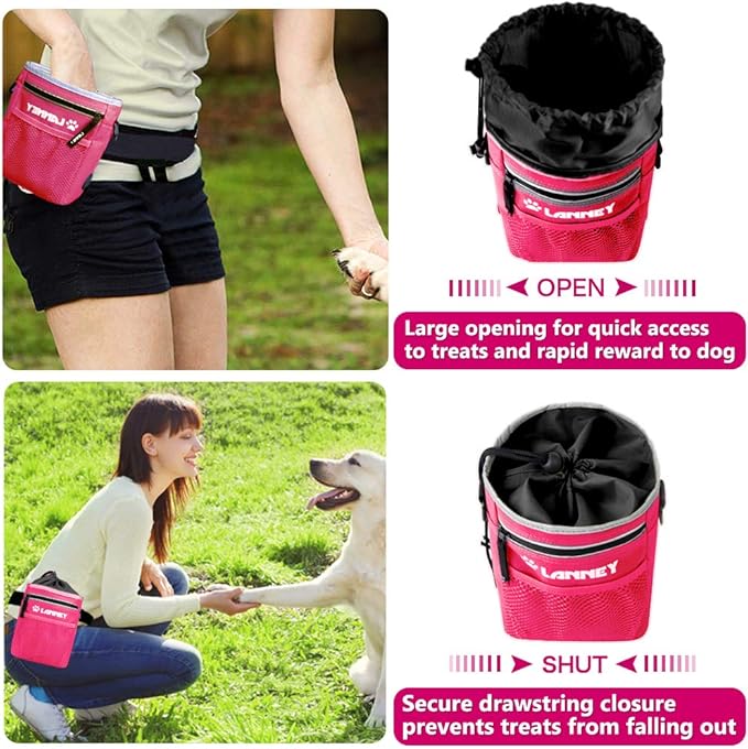 Dog Treat Pouch Pet Training Bag for Small to Large Dogs, Treat Tote Carry Kibble Snacks Toys for Training Reward Walking, Metal Clip, Waist belt, Shoulder Strap, Poop Bag Dispenser and Clicker