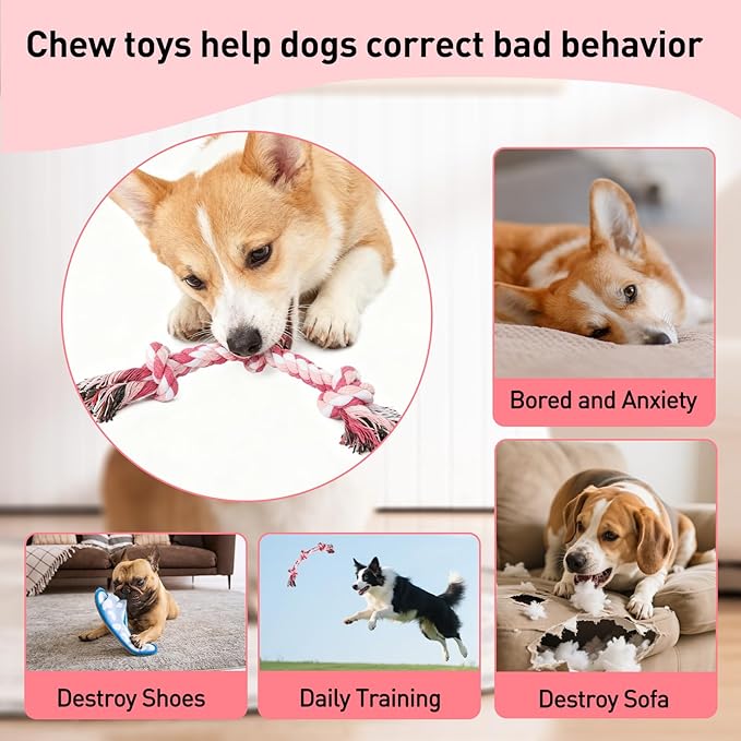 SZEE 2Pcs Dog Rope Toy for Small Breeds, 14 in 3 Knots Chew Rope Toys for Dogs, Pull Toy for Tug of War, Energy Release, Boredom Relief and Teeth Cleaning (Pink & Orange)