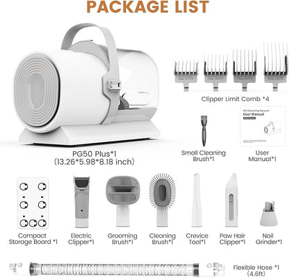 Dog Grooming Vacuum and Kit, Clipper Nail Trimmer Grinder, 2.5L Dust Cup 7 Grooming Tools 11000Pa Pet Vacuum for Shedding Grooming, Dog Hair Vacuum, Home Cleaning, PG50 Plus