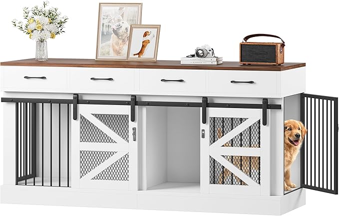 Dog Crate Furniture with Removable Divider & 4 Storage Drawers - 71" Large Wooden Dog Kennel Indoor End Table for 2 Dogs, Multi-Functional Dog Cage Furniture for Medium & Large Dogs