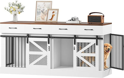 Dog Crate Furniture with Removable Divider & 4 Storage Drawers - 71" Large Wooden Dog Kennel Indoor End Table for 2 Dogs, Multi-Functional Dog Cage Furniture for Medium & Large Dogs