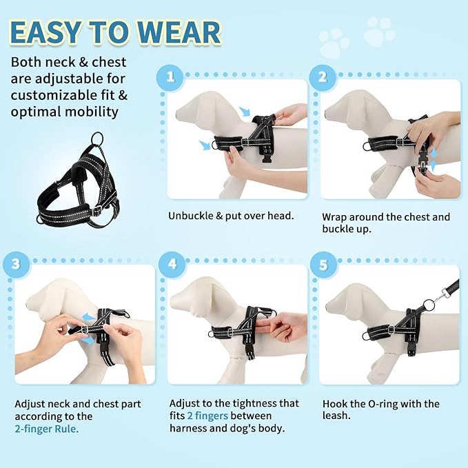 SlowTon No Pull Small Dog Harness and Leash Set, Puppy Soft Vest Harness Neck & Chest Adjustable, Reflective Lightweight Harness & Anti-Twist Pet Lead Combo for Small Medium Dogs (Black, XS)
