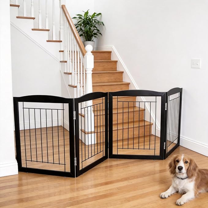 ZJSF Freestanding Foldable Dog Gate for House Extra Wide Wooden Black Indoor Puppy Gate Stairs Dog Gates Doorways Tall Pet Gate 4 Panels Fence