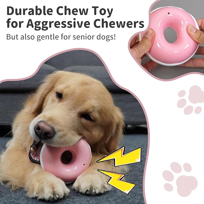 Dog Toys for Aggressive Chewers, Indestructible Squeaky Chew Toy to Keep Them Busy, Interactive Rubber Donut with Milk Flavor & Bounce, Teeth Cleaning for Small Medium Large Breed, Pink