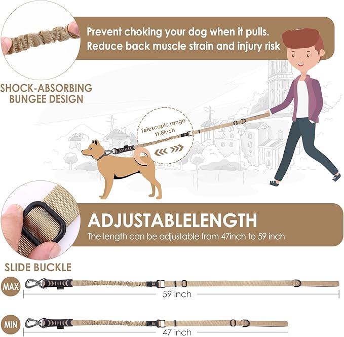 Hotsky Tactical Dog Leash Heavy Duty for Medium Large Dogs that Pull,4-6Ft Strong Bungee Shock Absorbing No Pull Dog Leash with Padded Double Handle and Car Seatbelt,Khaki