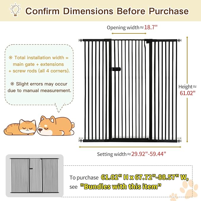 Lumizone Extra Tall Cat Gate 61.02" High Pressure Mounted Extra Wide 2025 New (17 Sizes) 1.37" Gap No Drilling Auto-Close One-Handed Operation Tall Pet Gate for Dogs(Black, 61.02" H x 29.92"-59.44" W)